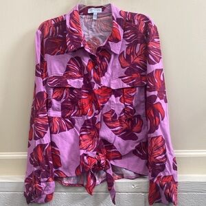 Sofia Jeans large Pink and Purple leaf print linen blend Top